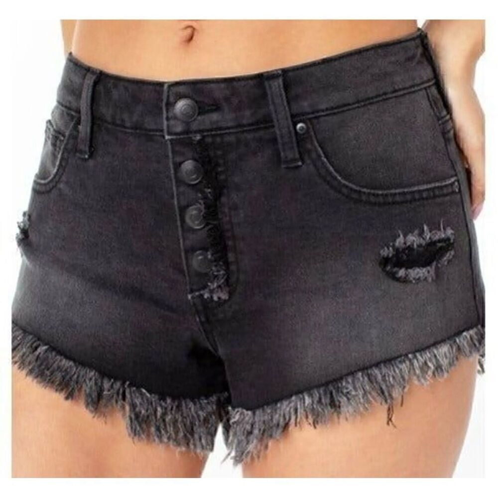 Celebrity Pink Black Exposed Button Cutoff Shorts Distressed Frayed Size 21/35